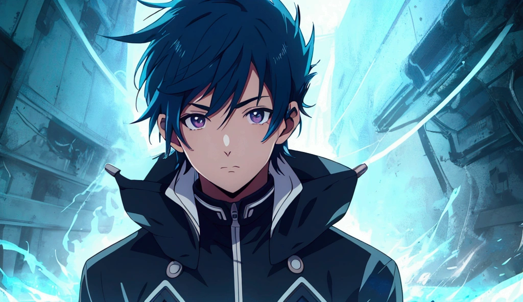 anime boy, Whole body, dark hair with blue highlights, clear skin, futuristic world