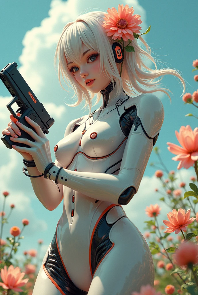 Flower Guardian Mutant cyborg woman with flower holding pistol anime 3d cyborg outfit mixed with closed flowers