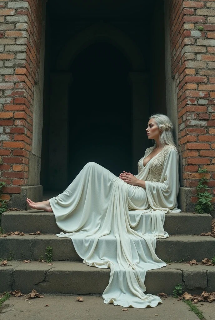 Goddess sprawled on the doorstep of a dirty brick building