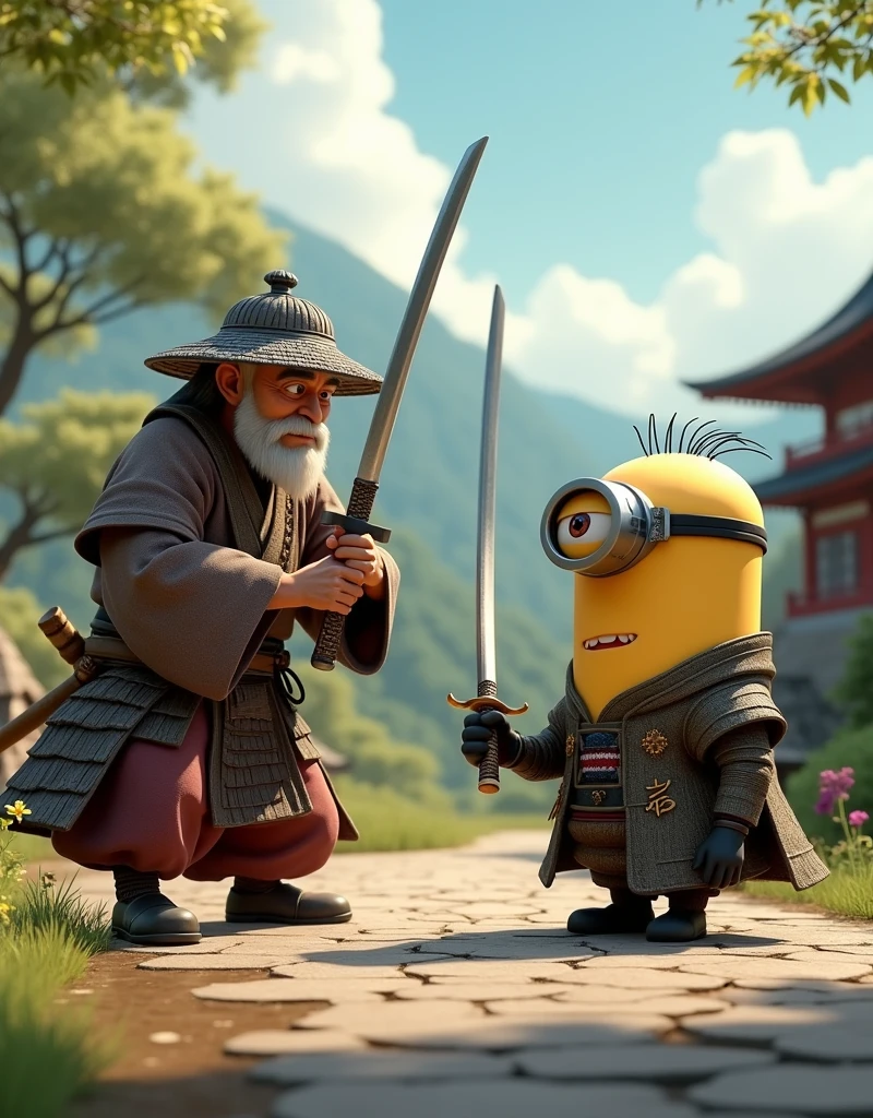 Minion Kevin . Meet old samurai practicing with samurai sword Kevin wearing samurai costume also decided to try practicing with wooden sword