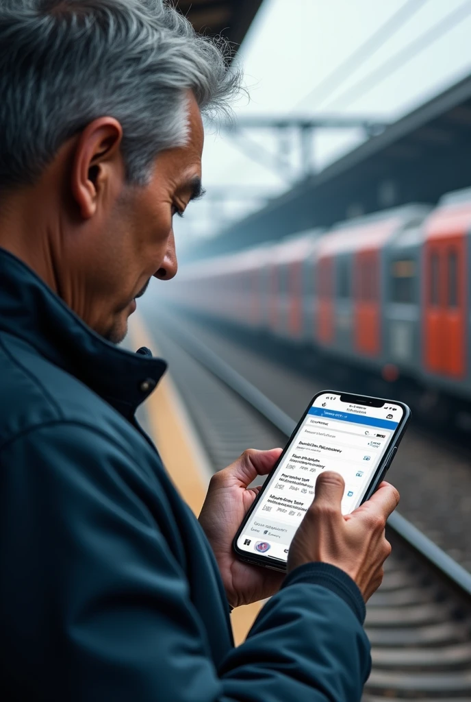 A man using mobile having eyes and mouth. In mobile railway website is open