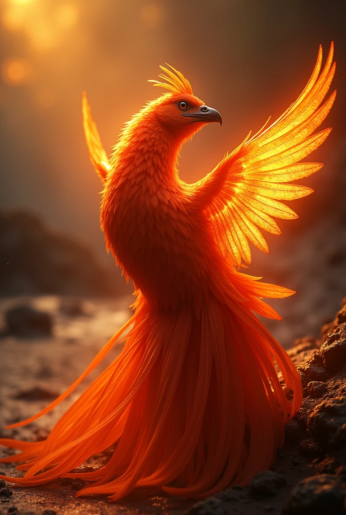 god々A captivating close-up portrait of a beautiful little bird in bright light, Golden Light, The vibrant bokeh balls gently frame the delicate shape.. , The little bird is a beautiful, fiery red.., Extremely realistic photos, 美しくgod秘的に発光する翼, A long tail like a peacock, Volcanic area with lava flow,