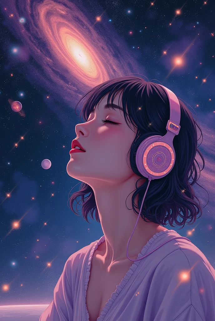 Woman in the middle of the universe, Woman listening to music with her headphones, Purple Galaxies, Purple planets, Purple Stars, Shades of purple and black, Focus on woman face, make it on realistic anime style.