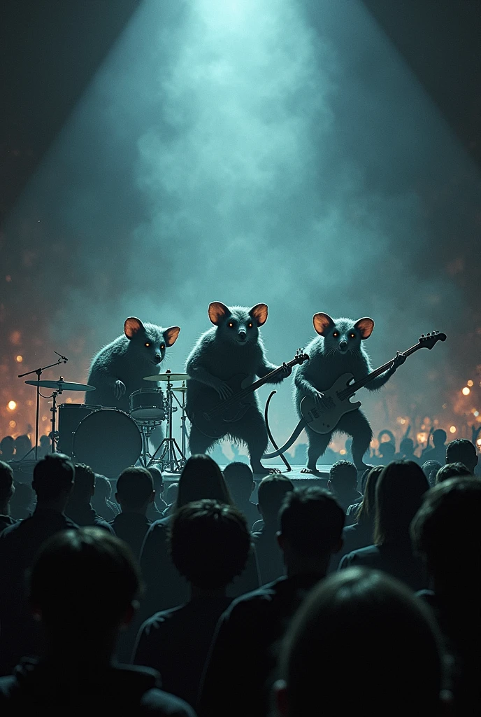 3 evil possums 1 drummer another guitarist or another bassist singing at a concert full of people
