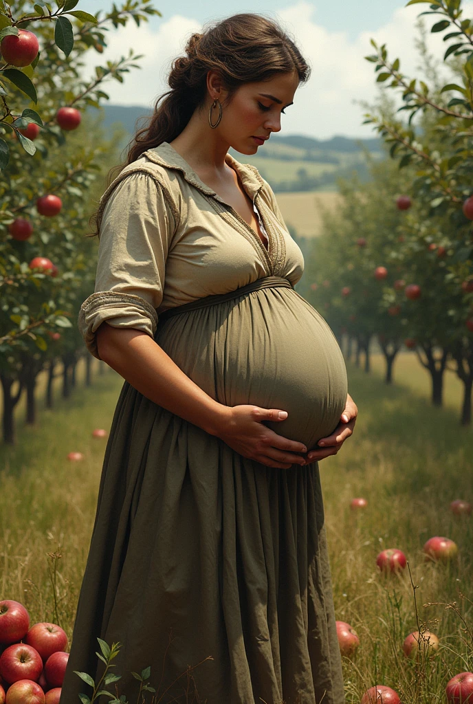 a one woman, in a very ancient time, approximately 8 months pregnant , that is, the belly is very big, working in the harvest because she and her husband are poor , she is wearing a peasant style dress, in a place similar to England, picking apples, the belly is not out, the dress is long and covers the belly