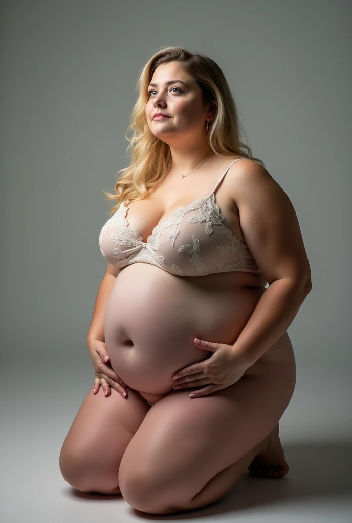 A 2 obese fat pale blonde blue eyed woman wearing a nuisette, proffessional light, photostudio, professional pose, sit on a chair, slave position, no big belly,  kneel looking at her owner