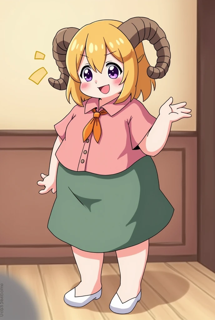 Create a Hazbin Hotel OC that's a plump and  nephalem with two rosy circles beneath the corner of her eyes. Right wraparound honey blonde braid with side-swept bangs. Her ram horns curl at the side of her head. Her wide violet eyes gleam with joy. While wearing pink tie-neck blouse with a green sage skirt and white heel flats. Standing at 5'1".