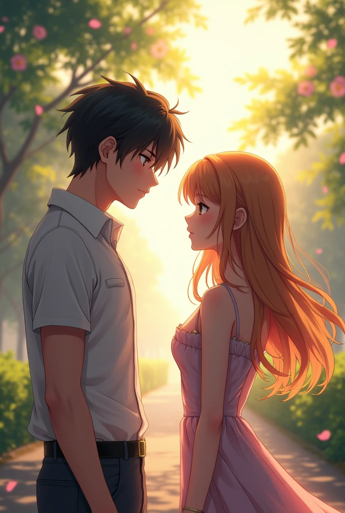 generate a man and woman looking at each other at a distance make it look like anime