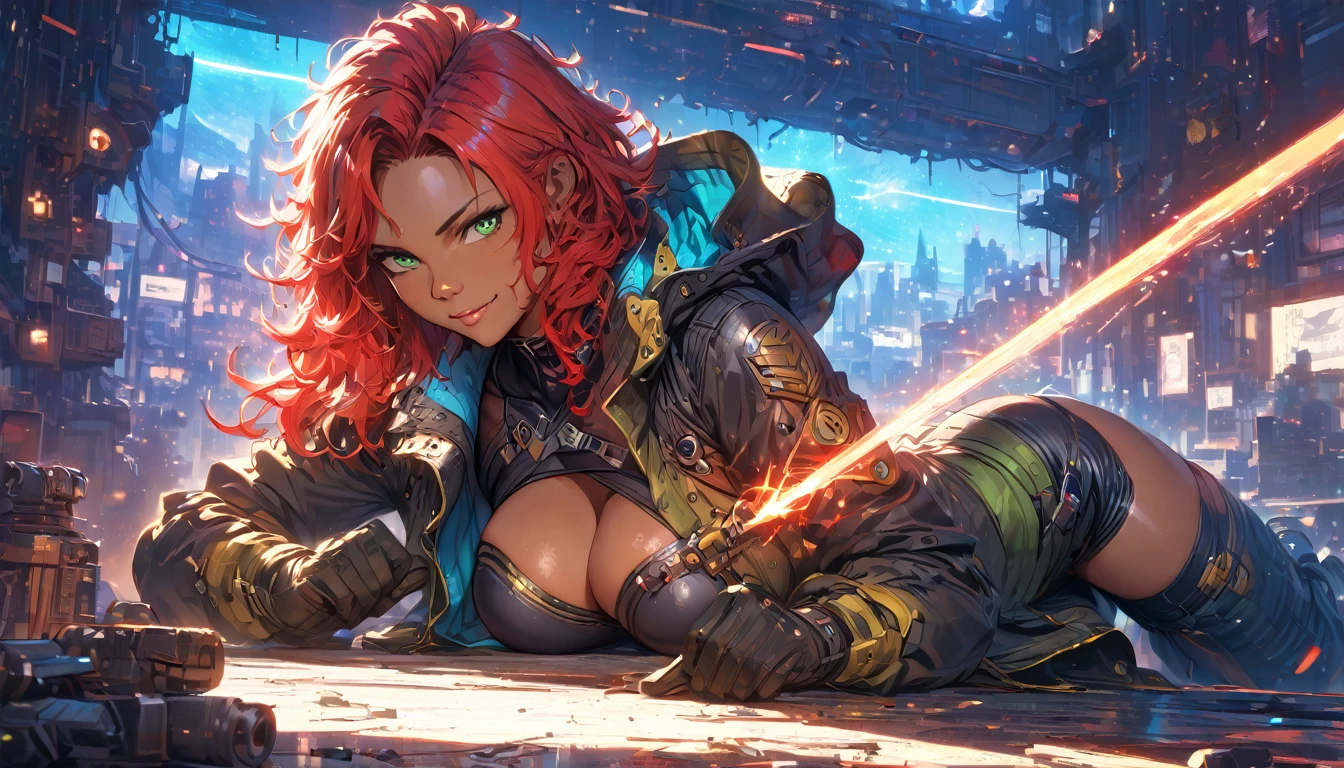best quality,4k,8k,highres,masterpiece:1.2),ultra-detailed, extremely detailed eyes, extremely detailed body, (large masterpiece digital art), (detailed manga illustration), (detailed line art), ((perfect anatomy)), (intricate details:1.3), (ultra-detailed:1.3), (illustration:1.3), (sharp focus:1.3), (natural lighting:1.05), (vivid colors:1.3), (masterpiece), (best quality:1.4), (perfect anatomy:1.4), high quality, expressive eyes, full body, detailed face, beautiful face, perfect face, 1 girl, , cleavags, large breasts, cyberpthes, jacket, black jacket, very long hair, thigh length hair, ({dark skin}), dark-skinned female ,detailed ((red hair)), messy hair, green eyes, hourglass physique, bodysuit, ultramarine bodysuit, sleeveless, shorts, thick thighs, toned, captain marvel emblem, emblem, superhero, dynamic lighting, cinematic lighting, dynamic heroic pose, smiling, outer space background, curvy, Atey Ghailan, Jeremy Mann, Greg Manchess, Antonio Moro, trend in ArtStation, trend in CGSociety, Intricate, High Detail, Sharp focus, dramatic and photorealistic painting art by Midjourney and Greg Rutkowski, Jeff Bridges, ((cartoon style)), Marvel Cinematic Universe style