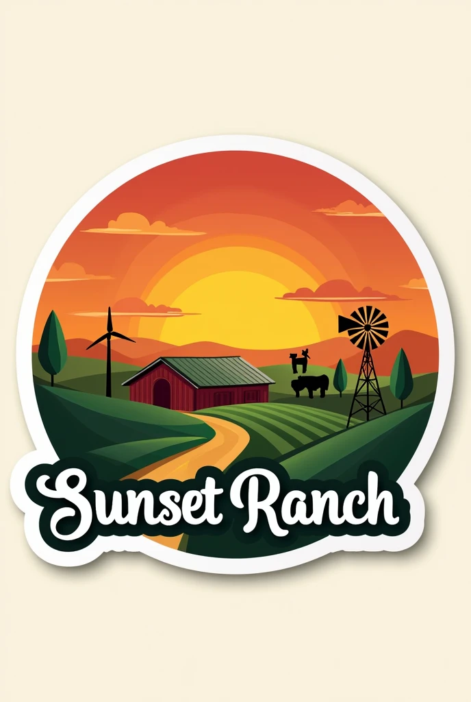 Make a logo in Portuguese for a farm in the Agro business sector with the name: "Sunset Ranch Farm", to make sticker