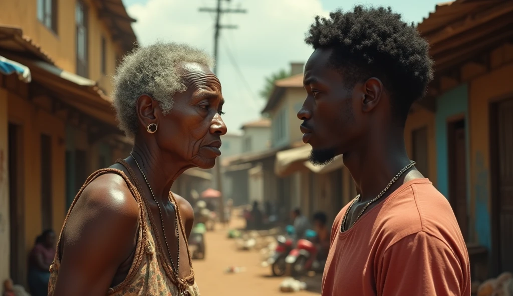 Sofie, la mère d'Assane, au travail : un jeune homme noir de 25 ans qui regarde sa mère avec un visage triste, Une femme noire d'âge moyen, fatiguée, vendue dans un petit marché miteux sous un soleil brûlant. Son visage est ridé par le labeur, et la lumière intense du soleil accentue les ombres sur ses traits épuisés. Image de haute qualité très détaillée