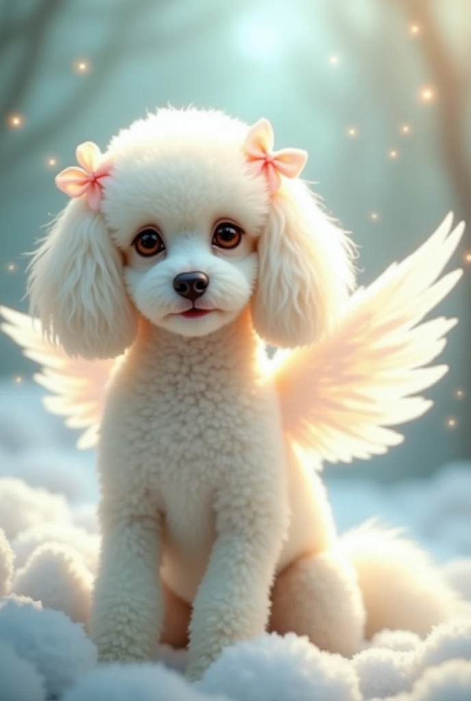 Female dog French poodle breed, White color, with angel wings and bows on her ears 
