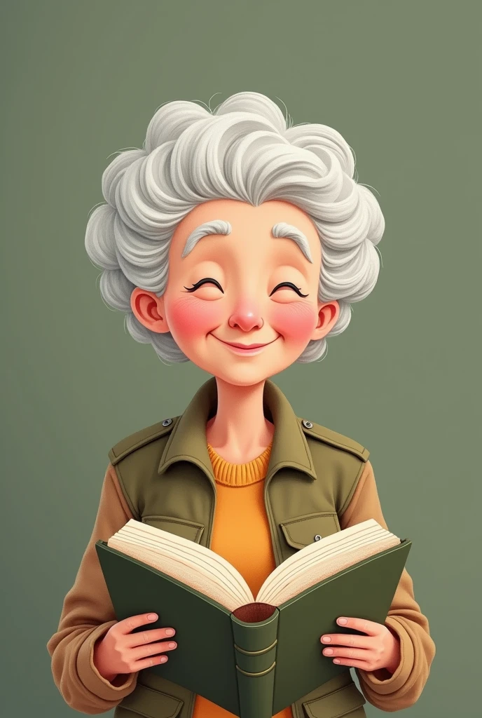 I want a drawing of a grandmother reading a book Simple drawing, military green background Cartoon style design