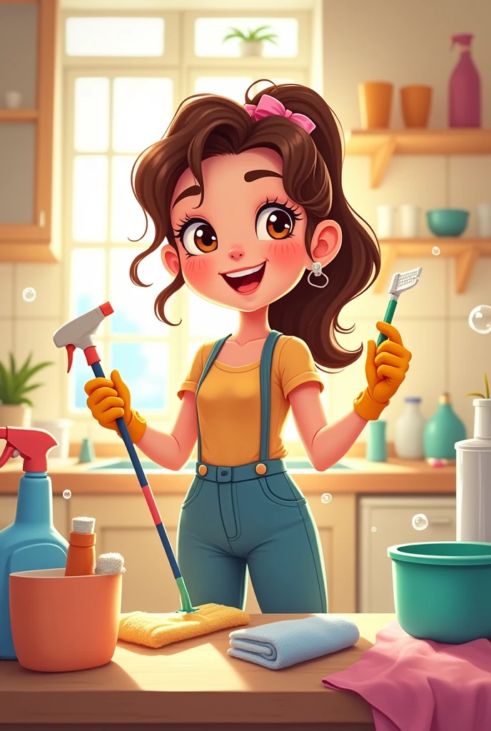 lady with cleaning supplies cartoon