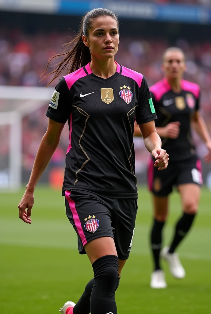 Make me several soccer uniforms with a spectacular design with mostly black colors, pink and with gold details