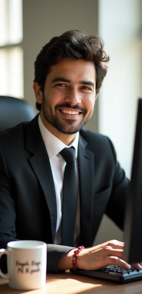 Dark hair and confident smile. He is wearing a black tie and blazer over a white shirt. The man wears a watch on his left hand and a red rakhi on his right hand. The sun is shining through the window, the office is busy working on the computer and the body of the copy mug on the table has Engr.P K Gosh written on it. He is posing for profile