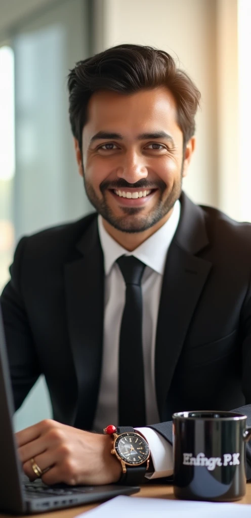 Dark hair and confident smile. He is wearing a black tie and blazer over a white shirt. The man wears a watch on his left hand and a red rakhi on his right hand. The sun is shining through the window, the office is busy working on the computer and the body of the copy mug on the table has Engr.P K Gosh written on it. He is posing for profile
