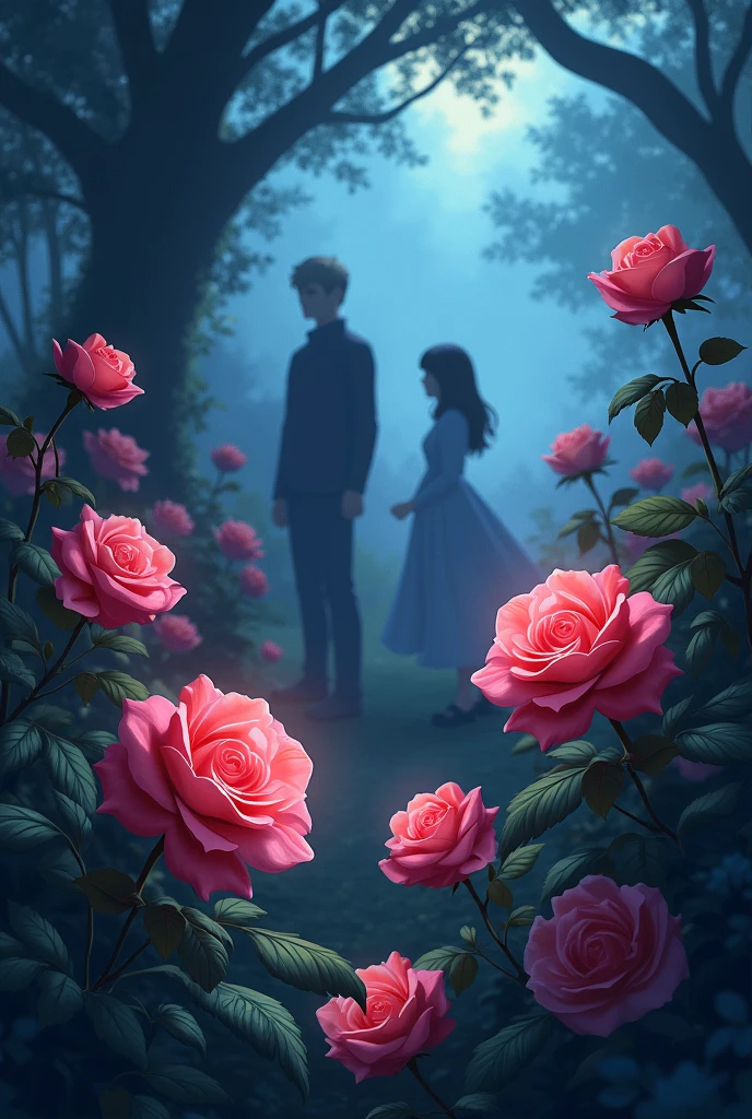 I want you to create a rose garden, at night and in the distance, that are almost invisible, a blond man and a black-haired girl, that are almost invisible, Let the garden be what is most visible