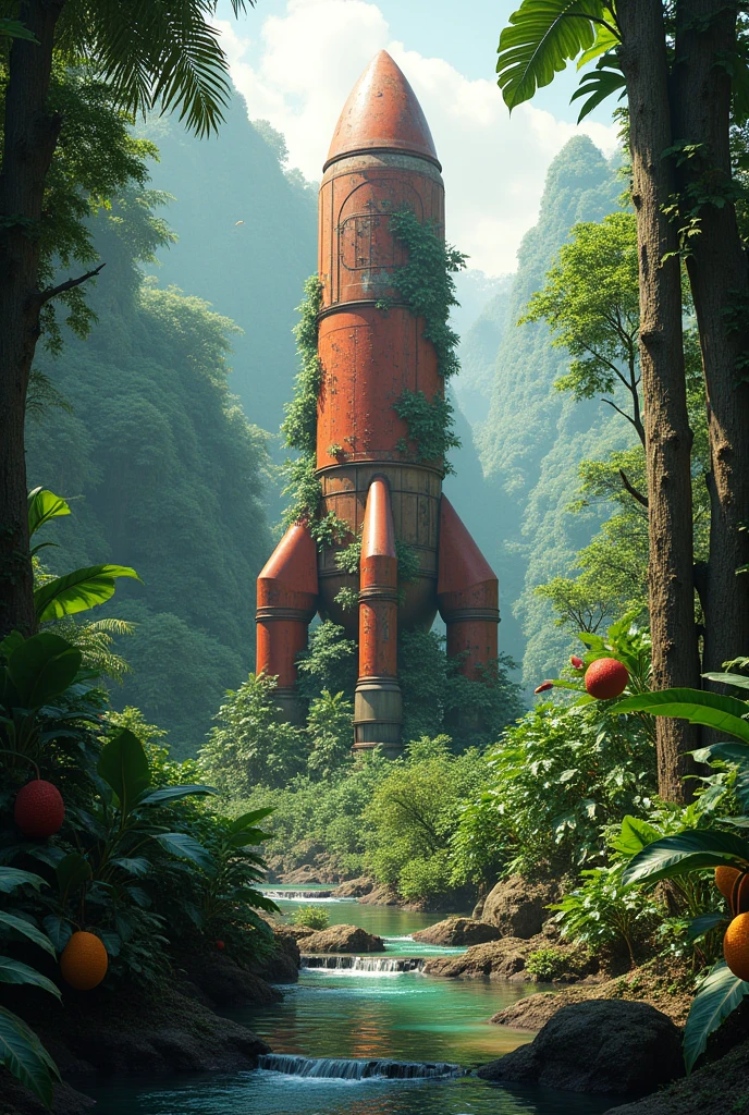 creates a rainforest full of tall trees, crystal clear rivers and tasty fruits and in the middle of the forest a rusty red rocket, covered in leaves. An old rocket, abandoned for many years in red