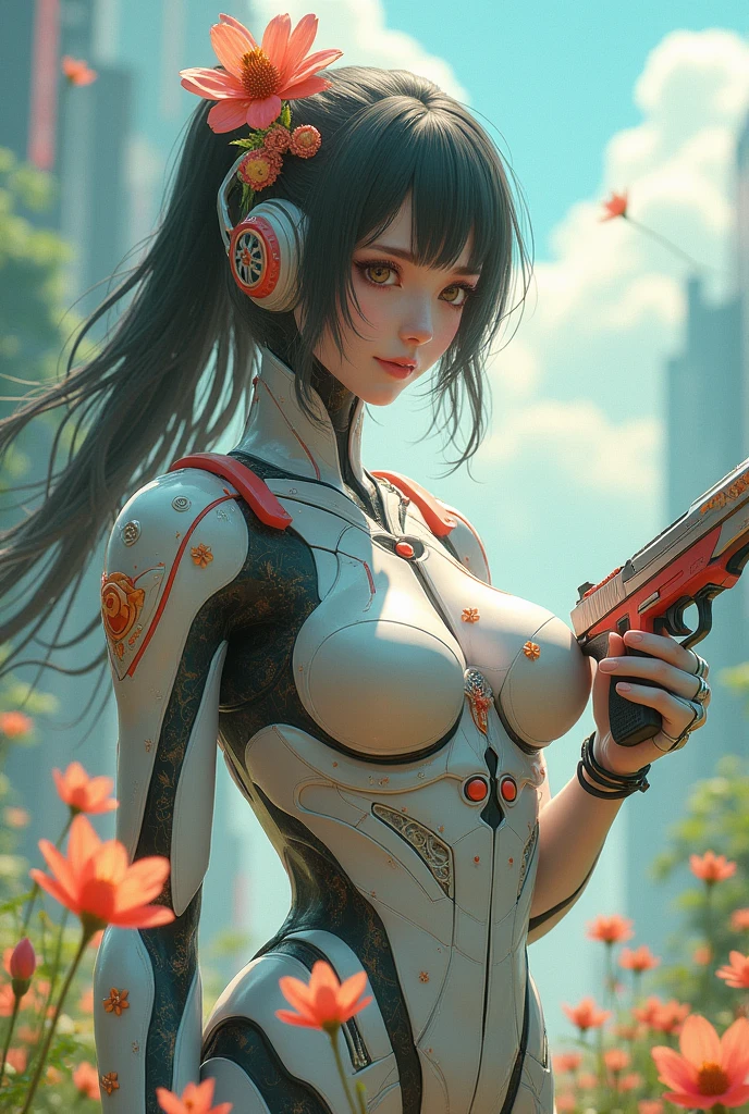 Flower Guardian Mutant cyborg woman with flower holding pistol anime 3d cyborg outfit mixed with closed flowers