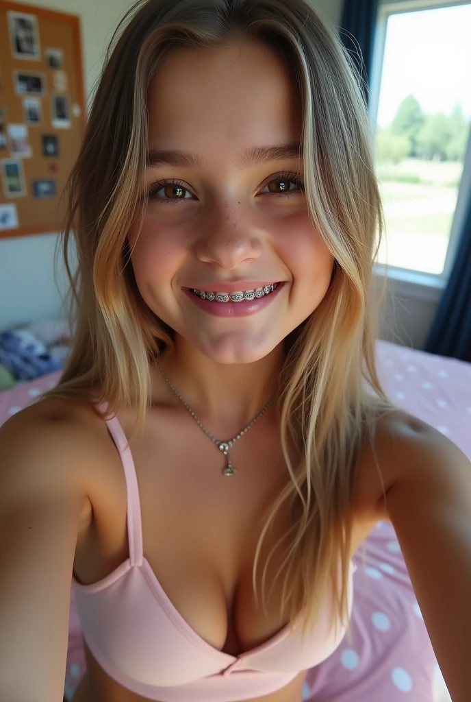 (selfie closeup:1.2), (1girl: beautiful, from Ohio, , cute, middle-part very straight rib-length dirty-blonde hair with many highlights, long eyelashes, beautiful detailed (very dark) brown eyes partially blocked, beautiful detailed pink lip-glossed lips, (realistic fair complexion skin:1.2), (freckles:1.3), (visible perfect full set of braces:1.4), extremely detailed eyes and face, soft rounded facial features, mouth open unsmiling, (stud piercing in nose:1.2), small hoop earrings, pendant choker necklace, tight light pink spaghetti-strap crop top over her large natural breasts squished together in a pushup bra, visible tan bra straps, lots of cleavage, (well-defined tan lines1.4), narrow waist, taking a tiktok selfie video with one hand, expression:self-confident,supercilious,indifferent,self-aware of attractiveness), (background: (girl's bedroom setting, large window with navy curtain drawn aside, corkboard with photos on wall, standing mirror covered in photos, random shoes on wood floor, soft pink and white polkadot comforter on bed below window)), (best quality,4k,8k,highres,masterpiece:1.2),ultra-detailed,(realistic,photorealistic,photo-realistic:1.37),HDR,studio lighting,extreme detail description,professional,(vivid colors),portrait