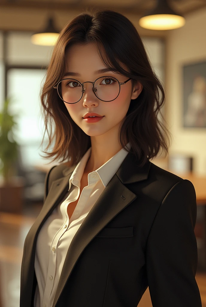 (photorealism: 1.2), beautiful woman, standing, wearing something formal but casual, medium dark brown straight hair, wearing glasses on her face, age 20, fair skin, indoors, soft lighting with spotlight on her, office in the background, soft pose, realistic, intricate details, warm colors, by Greg Rutkowski, by Alphonse Mucha