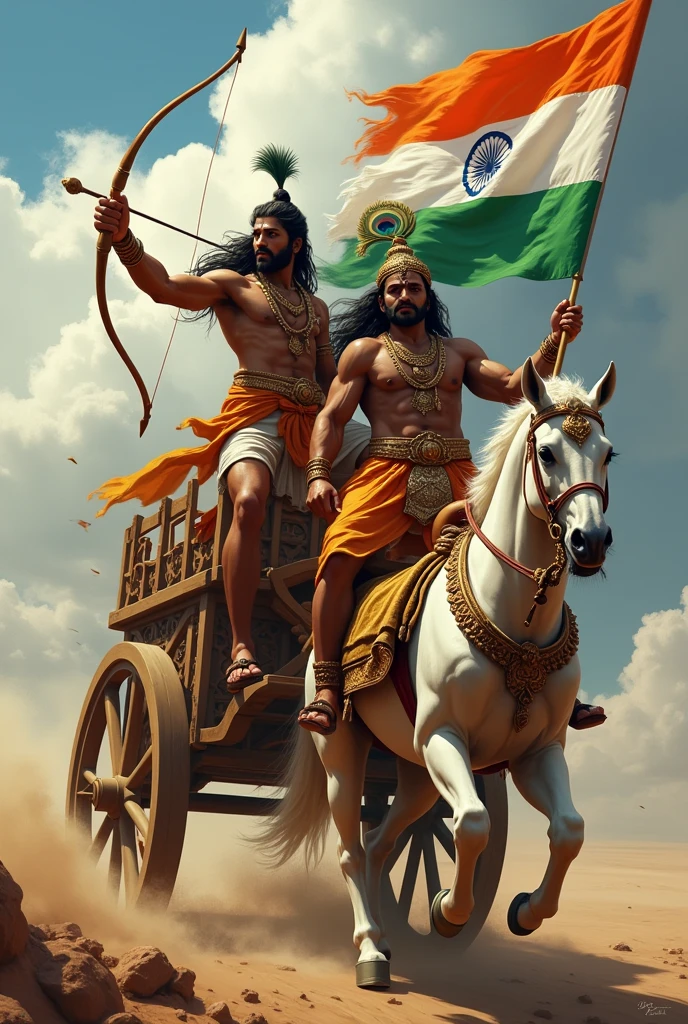 Arjun handling bow and arrow on the chariot with lord krishna wearing peocock feather crown, on chariot Indian flag is their going to beat all diseases and crurlism in this modern world