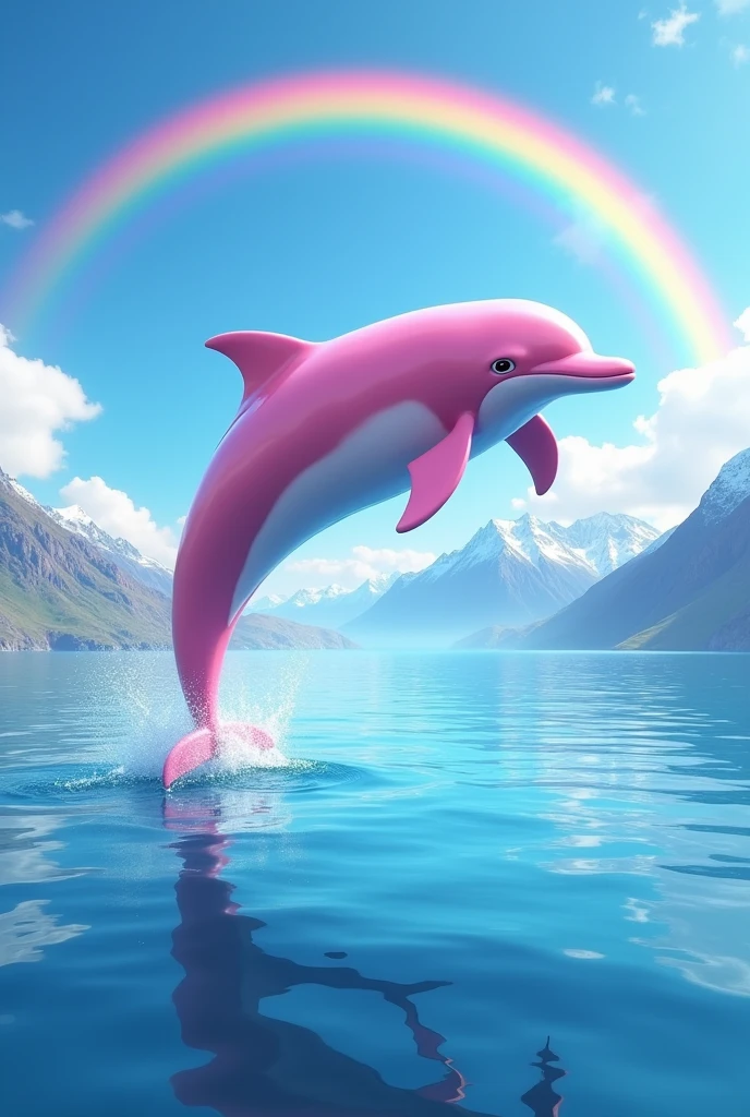 A beautiful pink dolphin jumping out of the sea beautifully, with blue sky and a beautiful rainbow in the background, with beautiful mountains behind the sea