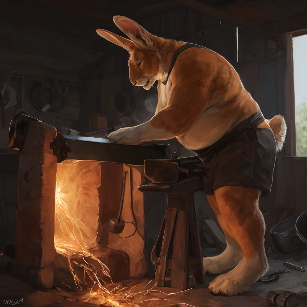 solo, male rabbit, tall, chubby, simple blacksmith clothing, orange fur color, simple clothing, full body, dad bod, dilf, by oouna, outdoor open stable blacksmith workshop, blacksmith anvil, blacksmith tools, metalworking, sparks, glowing hot metal, steam, smoke, warm lighting, cinematic lighting, chiaroscuro lighting, 4k, 8k, highres, masterpiece:1.2, ultra-detailed, realistic, photorealistic, photo-realistic:1.37, vibrant colors, dramatic lighting, fantasy art