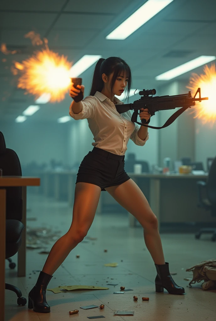 beautiful chinese office lady white shirt mini skirt realistic machine gun toting hip firing real person legs apart standing rampage shooting serious expression looking at side target facing