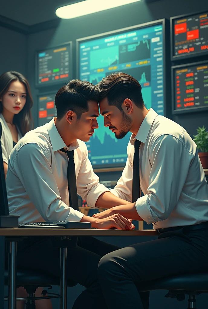 Stock market trading bay and sell men and small room computer setup for computer small room and 2 men white shirt black pants written by love is butiful but trading is powerfull and one girl