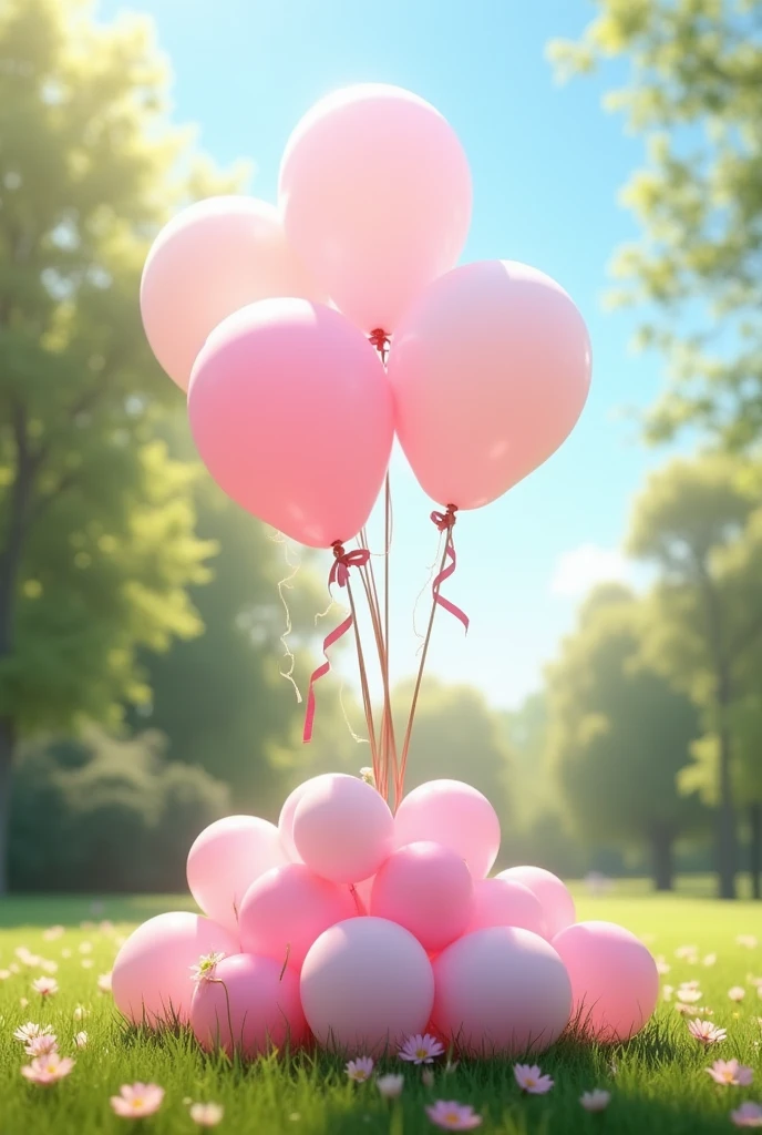 Make me a simple but realistic birthday decoration, with pink and white balloons outdoors