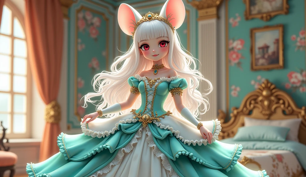 (best quality,4k,8k,highres,masterpiece:1.2), ultra-detailed, Pretty albino girl has a princess, drawn in 2D anime style, steampunk, wearing a turquoise and white princess gown with puffy sleeves, steampunk, gorgeous frilly dress design,flowing gown, elaborate lace details,rich textures,contrast stitching,delicate ribbon bows, seashells embroidery, full skirt with ocean wave pattern,short sleeves,fitted waistline,flared cuffs,lace-up back,luxurious fabrics,flawless silhouette, long curly white hair and red eyes, white fur, smiling, mouse ears and tail, ribboned high heels, white elbow evening gloves, gold bracelets, tiara made of seashells, beautifully detailed lips with lipstick, long eyelashes, eyeshadow, seashell necklace, in a castle bedroom with intricate decoration and luxurious furniture, flower wallpaper, she is happily checking her new princess dress.