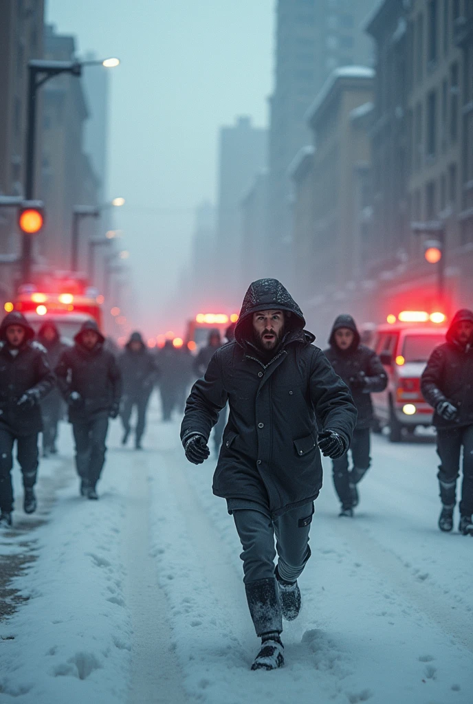Hdr realistic sharpen image of people running in the tragedy scene ambulances everywhere cold snowy winter high rush everywhere