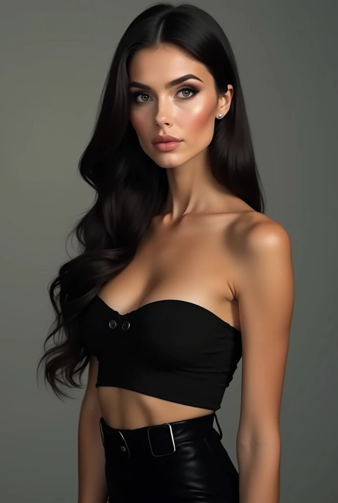 a very realistic and detailed photo of a beautiful french woman, tight black skirt, perfect makeup, long straight sleek dark hair, high quality, photorealistic, 8k, luxury, elegant, sophisticated, confident, studio lighting, cinematic, glowing skin, piercing eyes, full lips, sharp focus
