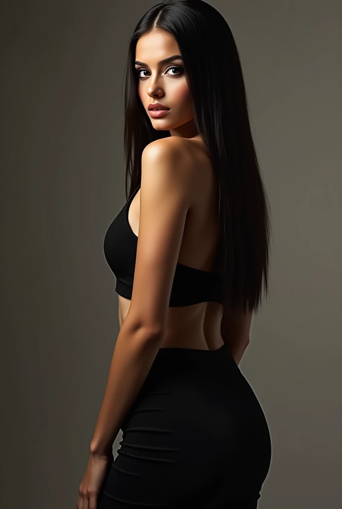 a very realistic and detailed photo of a beautiful french woman, tight black skirt, perfect makeup, long straight sleek dark hair, high quality, photorealistic, 8k, luxury, elegant, sophisticated, confident, studio lighting, cinematic, glowing skin, piercing eyes, full lips, sharp focus