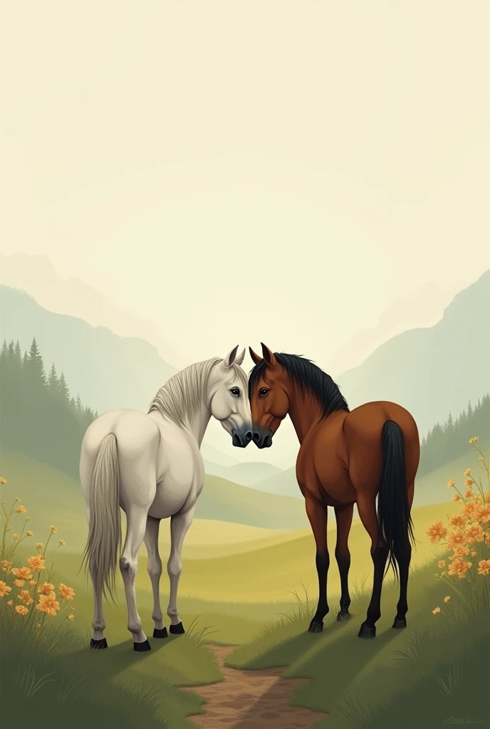 An old, minimalist painting of a white horse and a brown horse in a beautiful landscape with their heads touching romantically