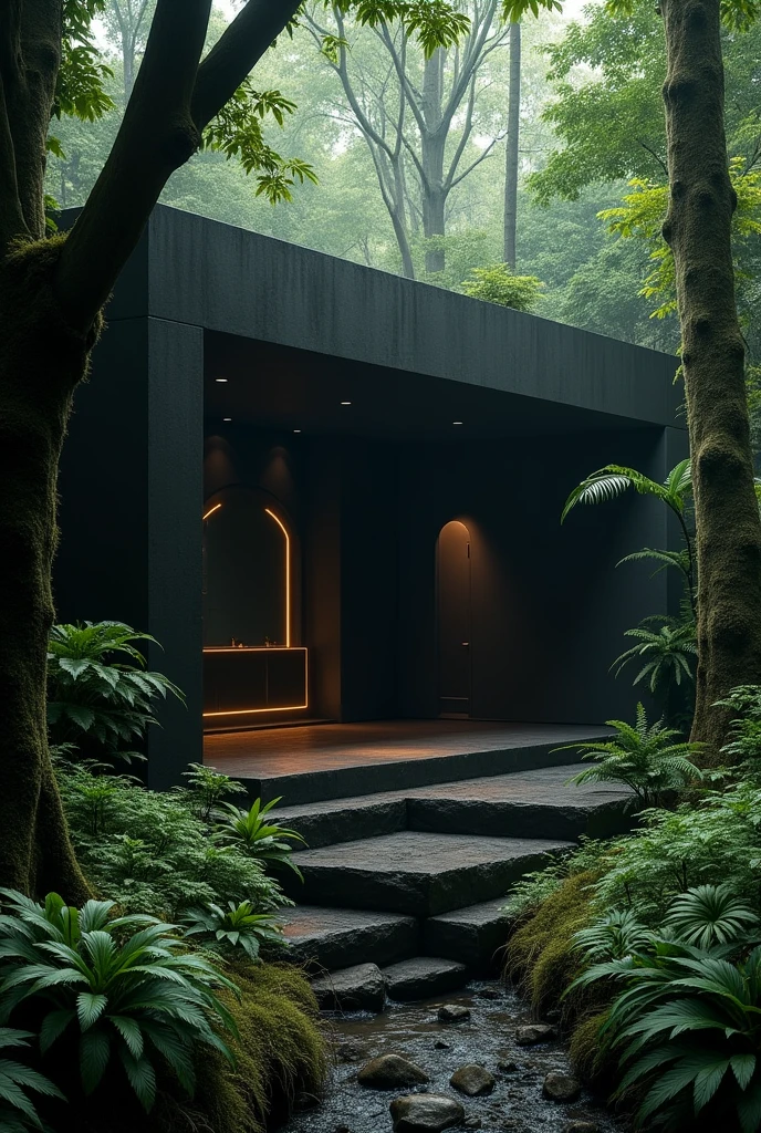 create a room with black color in a jungle