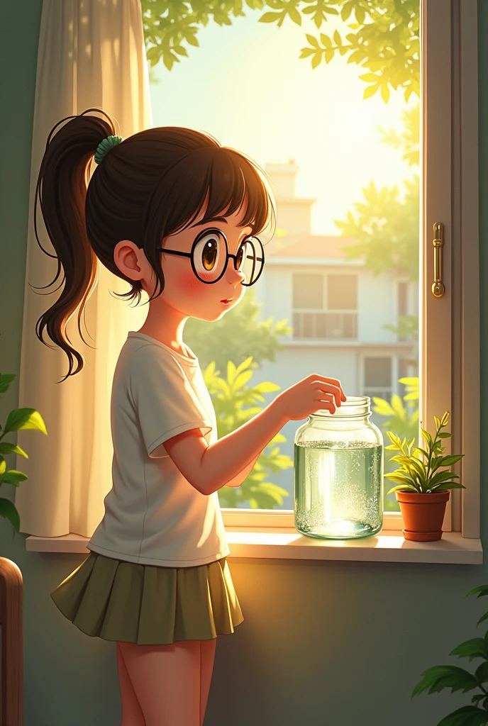 A town young big girl with specs and tied hair in a ponytail wearing white tshirt and mini skirt. She place the jar filled with water on her windowsill where it would get plenty of sunlight. 