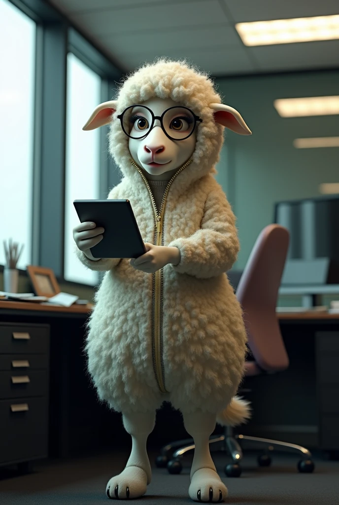 Here’s a modified prompt with the twist revealed:

"Create a hyper-realistic 8K cinematic image of a short, chubby female sheep standing next to an office desk. The sheep, wearing glasses and dressed in professional office attire, is holding a tablet in one hoof. However, the image subtly reveals that it is actually a wolf in a sheep's costume. The sheep suit is slightly unzipped at the back, exposing the wolf's fur and sharp eyes peeking through the disguise. The office setting remains modern, with a clean desk and a computer monitor visible, while the lighting emphasizes the contrast between the fluffy sheep costume and the darker, more menacing features of the wolf underneath."