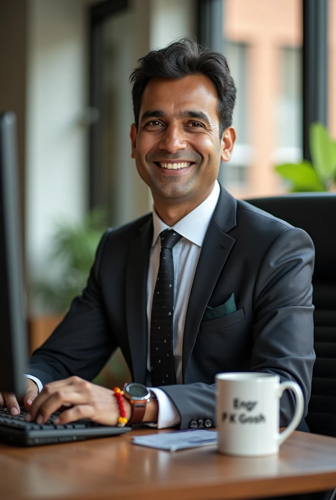 Dark hair and confident smile. He is wearing a black tie and blazer over a white shirt. The man wears a watch on his left hand and a red rakhi on his right hand. The sun is shining through the window, the office is busy working on the computer and the body of the copy mug on the table has Engr.P K Gosh written on it. He is posing for profile