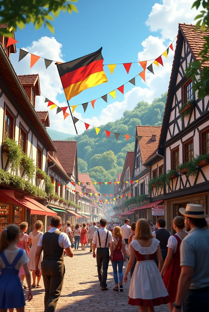 A happy traditional german village with happy familys celebrating germany with german flags