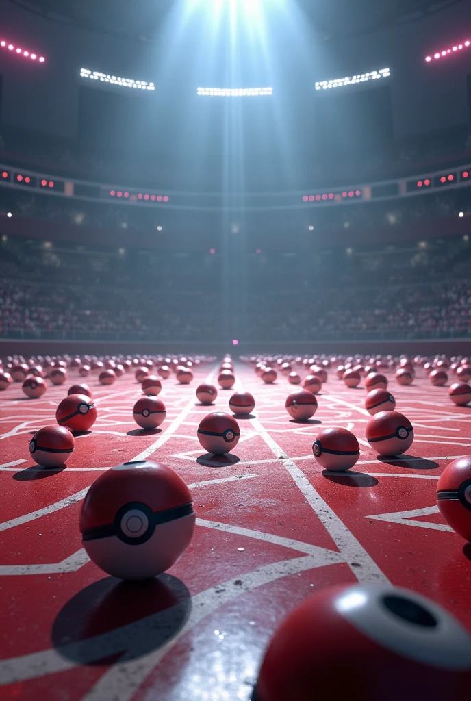 Pokemon Battle Arena, no Pokemon only the arena floow with Pokeballs, close shot 