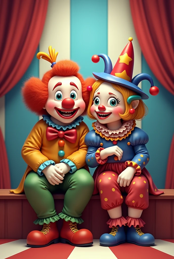 Make me a picture of a male and female clown sitting with each other 
