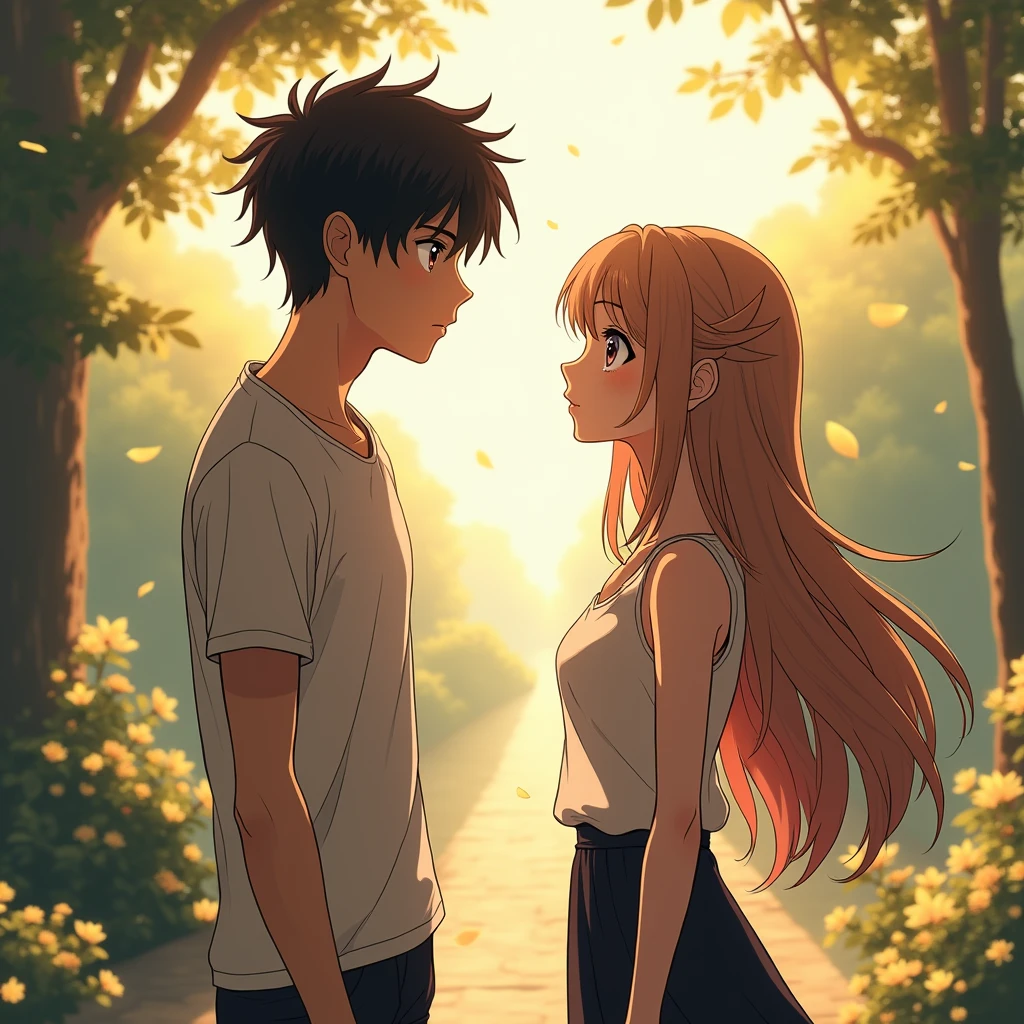generate a man and woman looking at each other at a distance make it look like anime