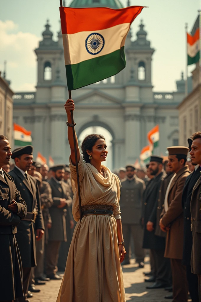 "Bhikaji Cama proudly unfurling the first version of India's national flag in Germany in 1907, with a crowd of Europeans watching in awe." Historical images looks