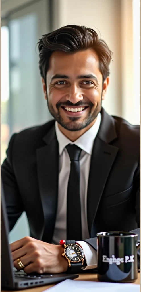 Dark hair and confident smile. He is wearing a black tie and blazer over a white shirt. The man wears a watch on his left hand and a red rakhi on his right hand. The sun is shining through the window, the office is busy working on the computer and the body of the copy mug on the table has Engr.P K Gosh written on it. He is posing for profile