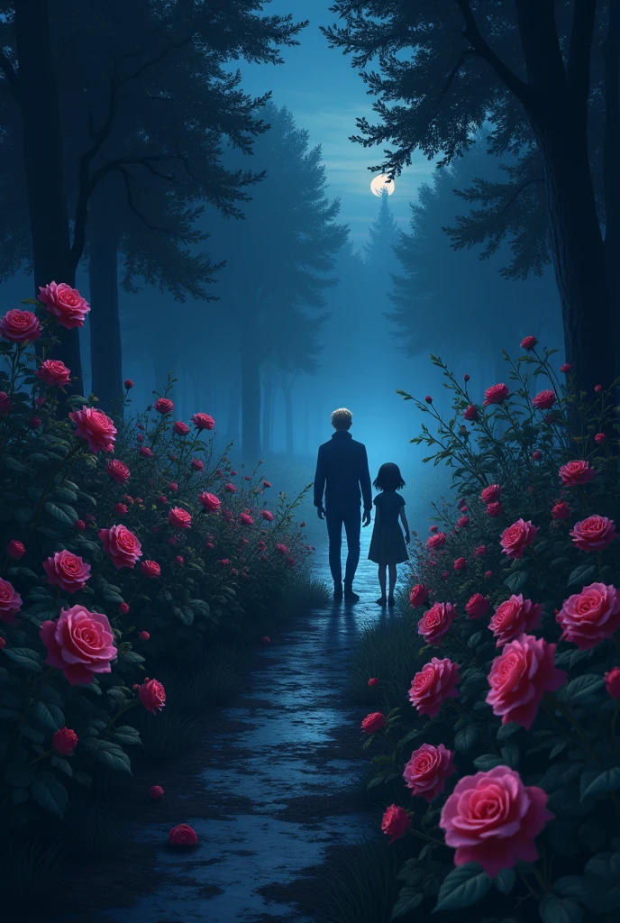 I want you to create a rose garden, at night and in the distance, that are almost invisible, a blond man and a little black-haired girl, that are almost invisible, Let the garden be what is most visible