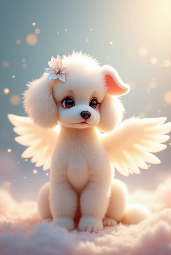Female dog French poodle breed, White color, with angel wings and bows on her ears