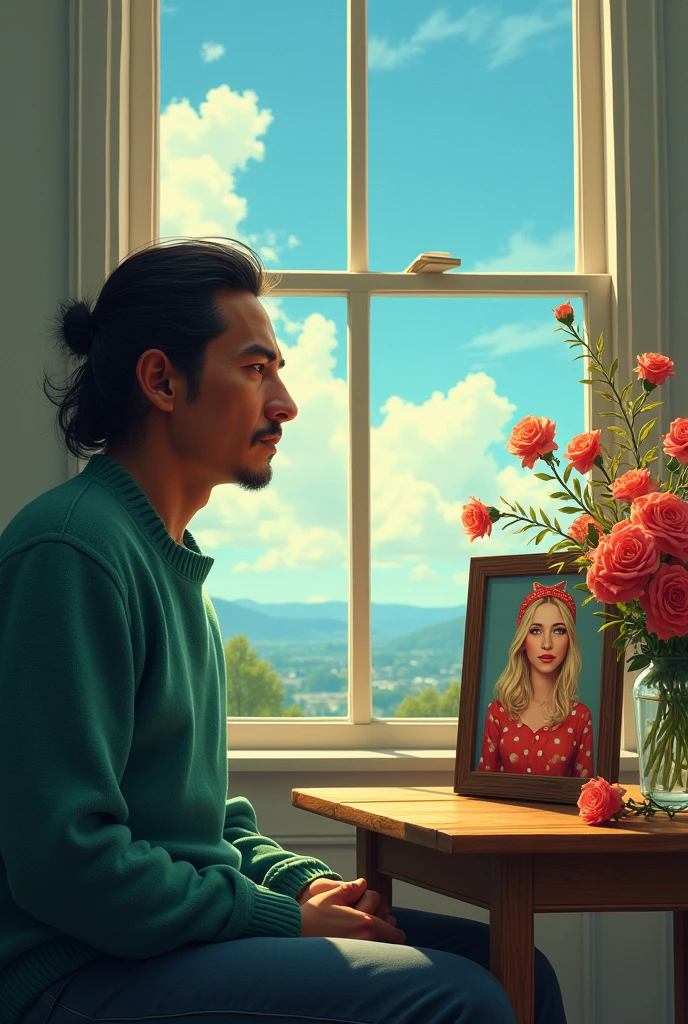 (Realistic) (fantasy) (painting feel) 
A guy sitting by the window on the left side having a red indian nose (side profile towards his right) (sad expression) the sunlight is hitting on the left side of his face) Wearing a green blue knitted sweater.  
By the right side of the window there is a wooden coffee table having dead roses and a picture frame, inside the frame there is a blonde girl (70s bob) having a red dress with white polka dots on it as well as a matching headpiece. 

An overview from the window could be seen where the sky is clear beautiful blue and the clouds form in a swirl shape (Impressionism) having light grey, aqua and white in it. The land is filled with grass and multicoloured flowers flowing to the right side of the frame. 
(The colours to be cool neutral but pastel) 